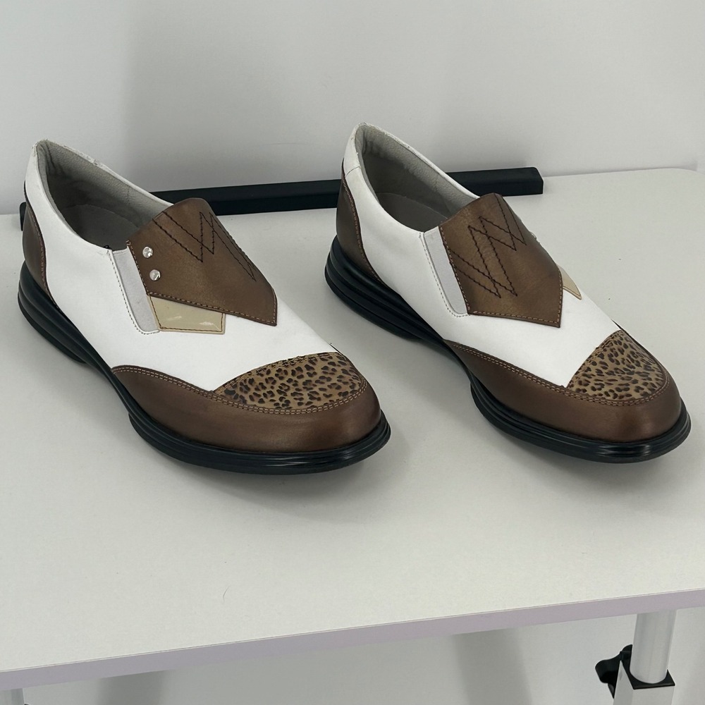 Sandbaggers Pip Golf Shoes Womens 8 Leather Leopard Print Bronze White Slip On - Picture 3 of 10